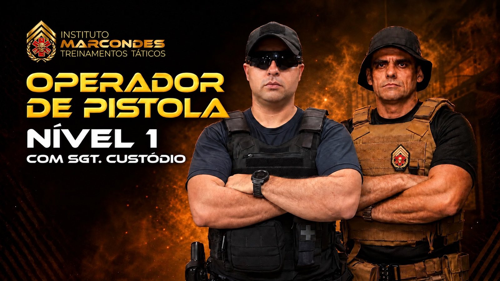 Capa do curso Operador de Pistola Nível 1 com o Sargento Custódio e o Sargento Marcondes